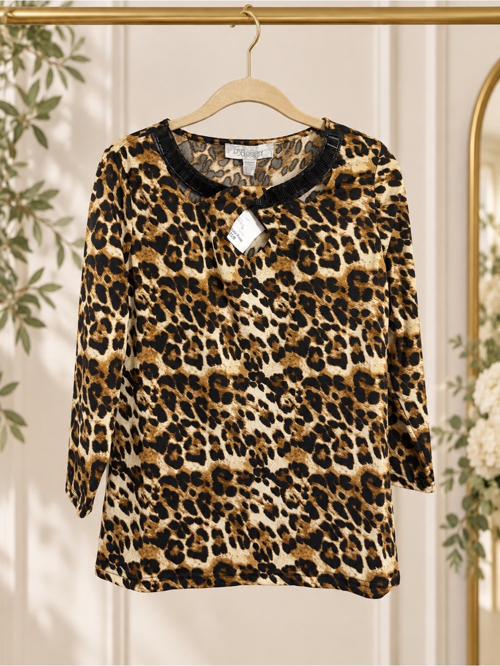 By Design Cheetah Leopard Print Sequin Cutout Neckline Top Medium